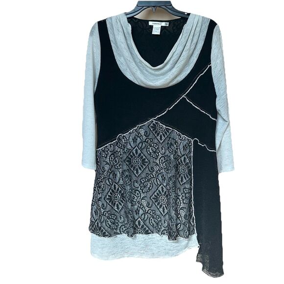 Feratelli Top Women’s Lg Tunic Black White Asymmetrical Pullover Artsy Layered - Picture 1 of 6